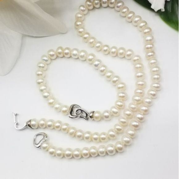Cultured Freshwater Pearl Necklace And Bracelet Set With Heart Shaped 925S Clasp - Picture 5 of 7